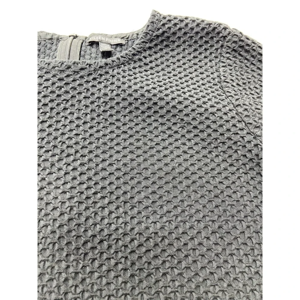 Eileen Fisher Dress Womens L Black Textured Knit Shift Zip Back Short Sleeve